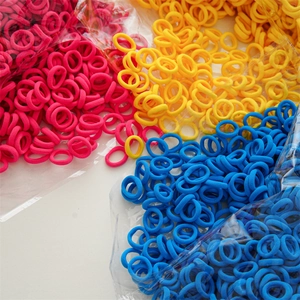 Bulk colorful elastic hair bands in bright rose, yellow, and blue nylon material