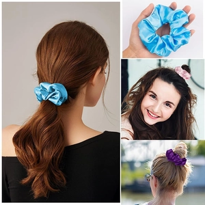 Detailed views of colorful LED satin hair scrunchies on models in various outdoor settings