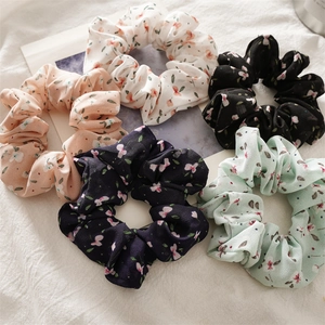 Women Sweet Floral Chiffon Scrunchies Elegant Elastic Hair Bands Ruched Fabric Ponytail Holder Hair Ties Headwear Accessories