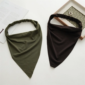 Detail view of army green and coffee brown cotton triangle bandanas with elastic bands