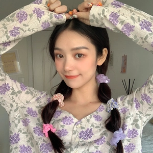 Gros plan de chouchous à fleurs colorés sur cheveux tressés en intérieur