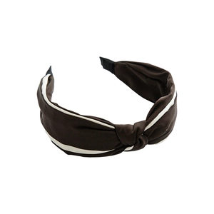 Fashionable knotted dark brown fabric headband with white striped edges for women