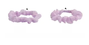 Detail view comparing the standard and upgraded seam quality of purple chiffon scrunchies