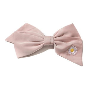 Pink satin bow hair clip with daisy embroidery and spring clasp for elegant styling