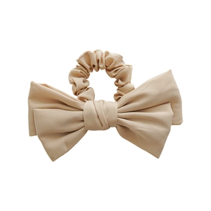 Elegant beige satin double-layered bow hair scrunchie with a soft silky texture
