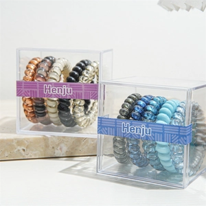 Detail of spiral telephone wire hair ties in Earth and Blue tone sets inside gift boxes