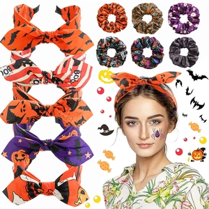 Serre-tête en Tissu Imprimé Citrouille Chauve-souris Fantôme Halloween Et Scrunchies Avec Nœud Accessoires Cheveux Pour Femmes