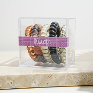 Detailed view of high-elasticity spiral hair ties set in a transparent gift box packaging