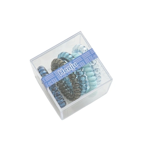 Elastic spiral telephone wire hair ties in assorted blue colors within a square box