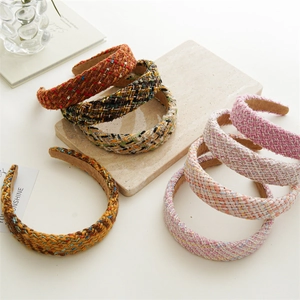 Elegant Tweed Retro High Top Headband For Women Autumn Winter Woven Fabric Hair Band Classic Fashion Padded Hair Accessory