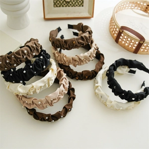 French Retro Pleated Satin Headband With Imitation Artificial Pearls Rhinestones Elegant High Top Scrunchie Hairband For Women Daily Party