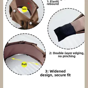 Detail view of brown fabric headband showing elastic flexibility and pearl beads decoration