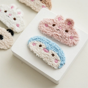 Cute plush cartoon animal hair clips featuring rabbits and bears in soft pastel colors