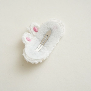Cute white plush hair clip with pink embroidery and silver BB metal clip for girls