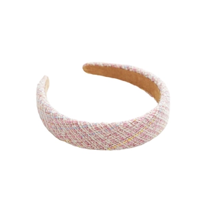 Pink tweed headband for women with vintage woven texture and subtle sequins in a U-shape