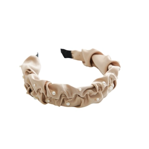 Elegant champagne satin pleated headband with pearls and rhinestones for women