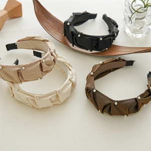 Elegant wide satin headbands with pearls in black, coffee, champagne and beige colors