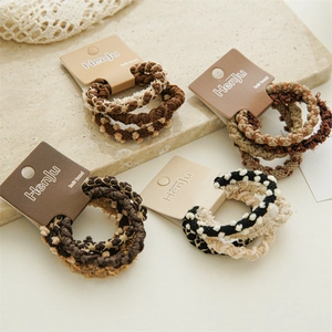 Coffee-toned braided hair tie set with elastic bands and fuzzy ball charms for women