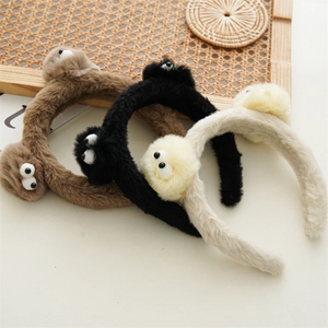 Serre-tête en peluche monstre aux grands yeux pour se laver le visage noir marron et beige