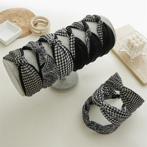 Elegant Houndstooth Paisley Twisted Knotted Wide Fabric Headband Vintage High Skull Top Hair Band For Women Daily Styling