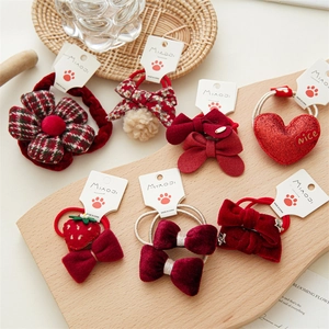 Gomas para el Pelo con Lazo Rojo para Niños Terciopelo Tela Floral Cuerda para el Pelo Niñas Accesorios para el Pelo para Año Nuevo