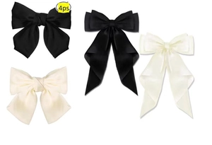 Set di 4 fermagli per capelli in raso nero e beige con eleganti nastri lunghi a fiocco