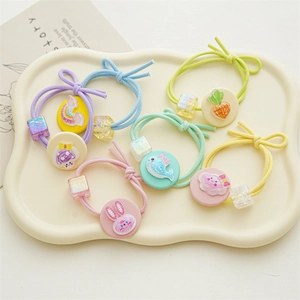 Cartoon Dier Haarelastiekjes Macaron Kleur Elastische Nylon Banden Met Hars Charms Iriserende Kralen Voor Meisjes Zoete Haaraccessoires
