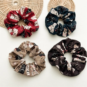 Choucou en Tissu Imprimé Chat de la Fortune Style Japonais Élastiques à Cheveux Vintage Support de Queue de Cheval Femme Cheveux