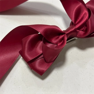 Three-layer wine red satin bow hair clip with elegant long streamers for women