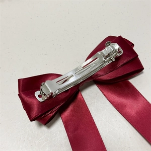 Three-layer burgundy satin bow hair clip with silver metal automatic spring clasp