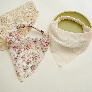 Floral pink mesh and cream checkered triangle hair scarves with elastic headbands