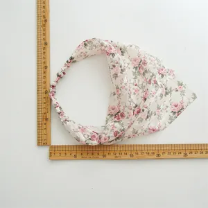 Detail of floral lace headscarf with pink rose pattern and elastic band feature