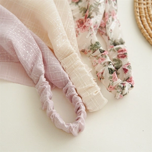 Elastic floral triangle headscarf set with lavender plaid and vintage flower patterns