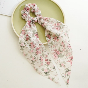 Floral print chiffon scrunchie with long ribbons in cream and pink rose pattern