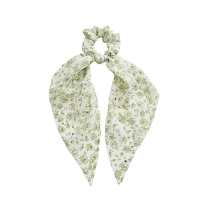 Elegant floral print scrunchie with long ribbon scarf in green and white pattern