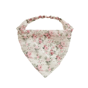 Floral print headscarf with pink roses and elastic band on white background
