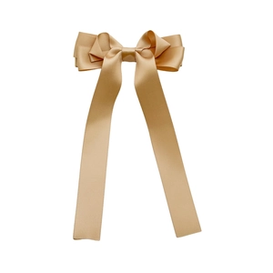Champagne gold satin bow hair clip with long ribbon tassels for elegant women styling