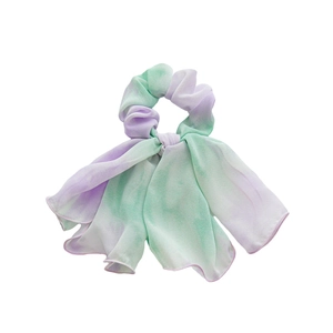 Tie-dye chiffon double-layered bow hair scrunchies with long ribbons in purple and green