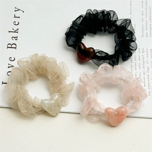 Three-piece organza hair scrunchie set with marble heart charms in black gold and pink