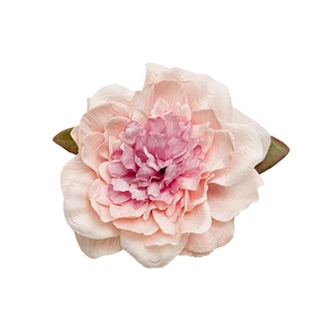 Rosa Pfingstrose Haarklammer mit künstlichen Stoffblättern und grünen Blättern auf Weiß