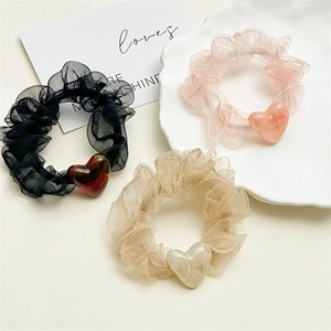 Sweet Organza Mesh Scrunchie With Resin Marble Texture Heart Charm Fairy Style Elastic Hair Tie For Women Girls Accessory