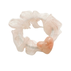 Pink organza scrunchie with a peach heart resin charm for women hair accessories
