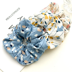 Floral fabric hair scrunchies set with light blue and cream colors for women