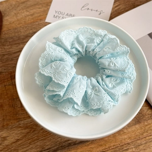 Nahaufnahme eines hellblauen Spitzen-Haargummis mit Stickerei auf weißem Teller