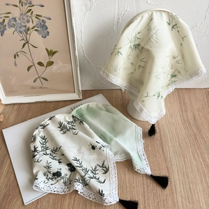 New Chinese Style Ink Bamboo Triangle Headscarf With Lace Trim And Tassel Vintage Pastoral Hair Wrap For Women Headband