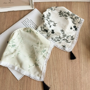 Ink style headband headscarf with bamboo prints, lace trim and elegant silk tassels