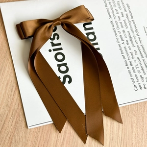 Vue détaillée d'un nœud papillon en satin marron à double couche sur un magazine épuré