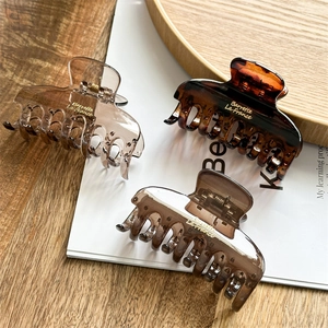 Detail of amber resin hair claws in brown tones with gold Barrette La-France text