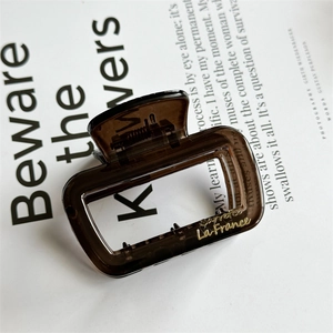 Detail of dark brown resin hair claw clip with golden lettering on a book background