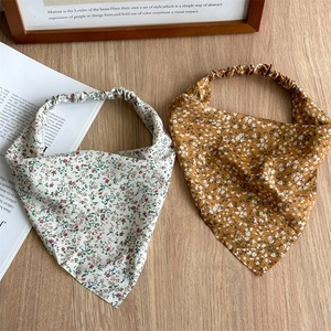 Floral print triangle head scarves with elastic bands in beige and yellow colors